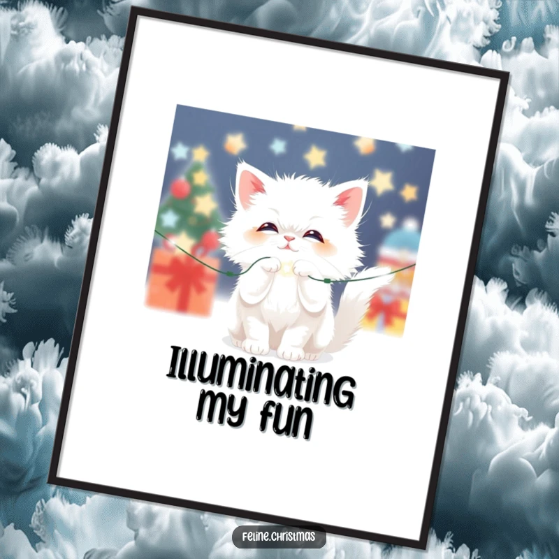 Funny Kawaii Fluffy White Cat Digital Art: A cute cat batting at sparkling Christmas lights, capturing festive holiday playfulness.