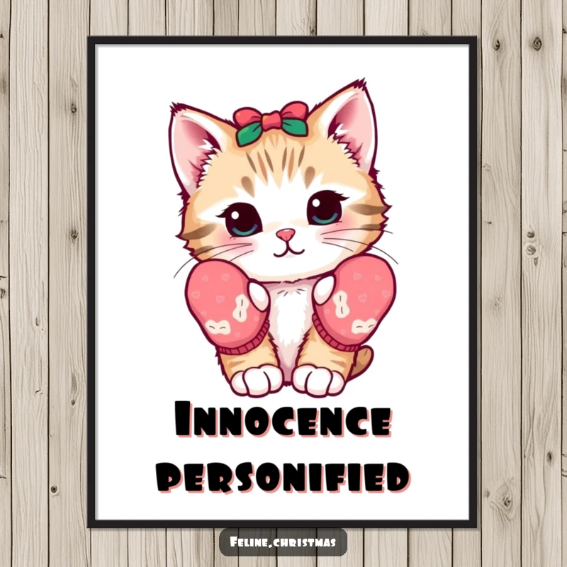 Funny kawaii digital art print of a kitten with festive mittens, looking curious, instant downloadable cute and charming decor.