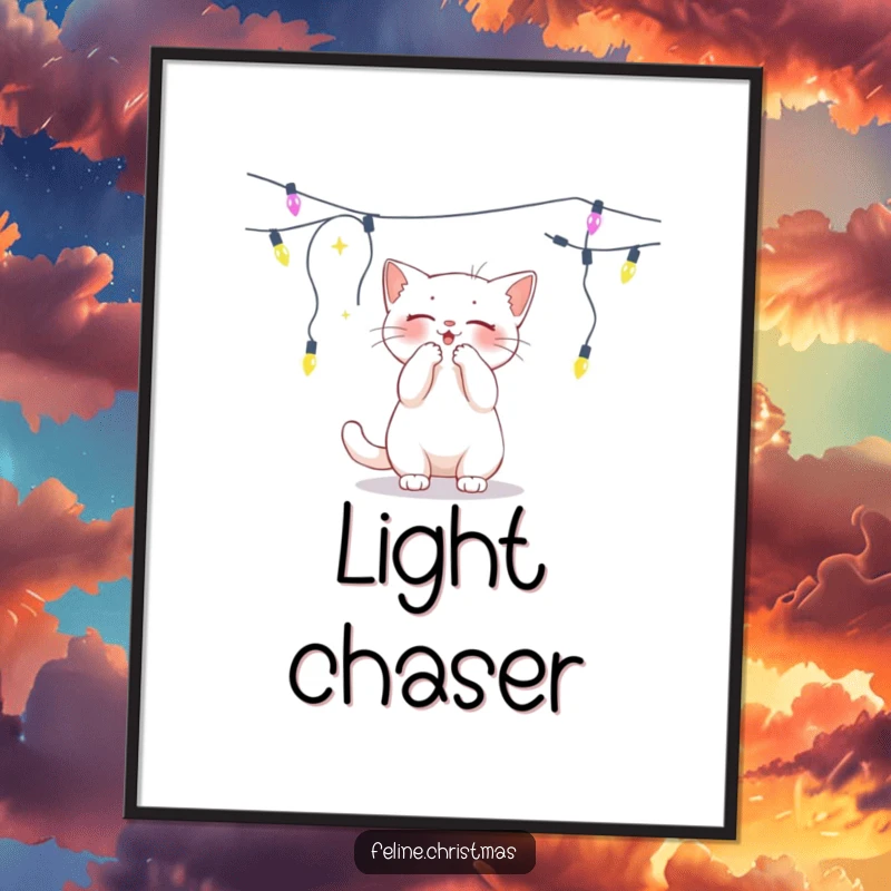 Funny white cat batting at a dangling string of lights, a downloadable digital art print.