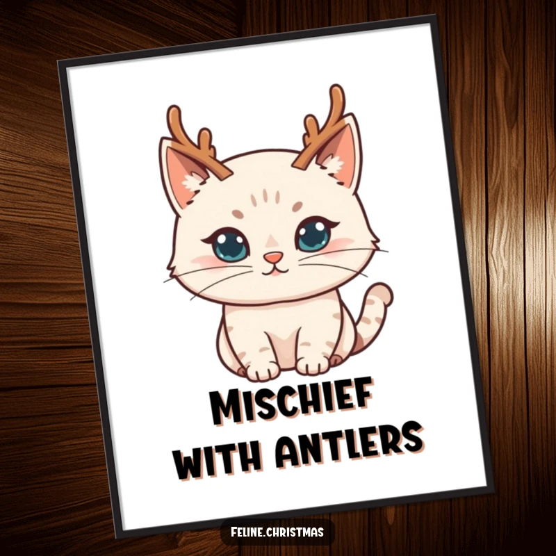 Funny cat character sporting tiny reindeer antlers with a mischievous grin, available as a playful holiday digital art print.