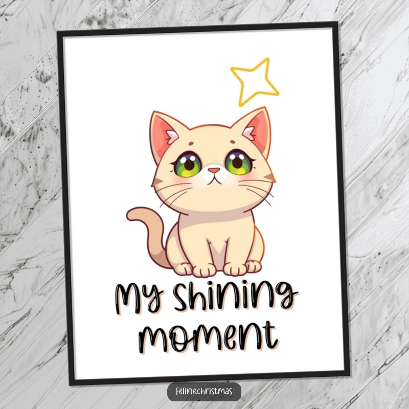 Funny Cat Star Digital Art Print: An evocative illustration of a cat with bright eyes looking towards a shining star, inspiring dreams.