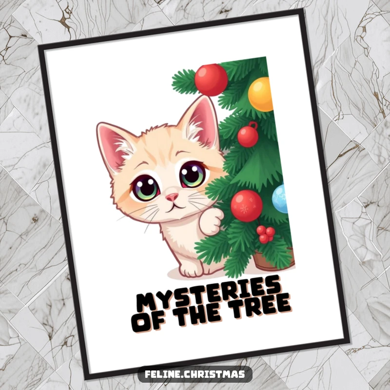 Funny Christmas digital art print of a wide-eyed cat peeking from a tree, embodying surprise and holiday cheer for easy decor.