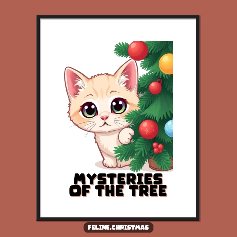 Funny Cat Christmas Digital Art: Wide-eyed feline hiding, instant hilarious holiday decor.