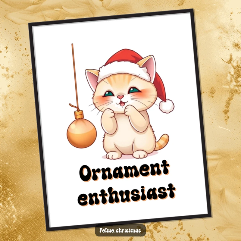 Funny digital art print of a cute cat in a Santa hat, playfully batting at a dangling Christmas ornament, bringing holiday joy.