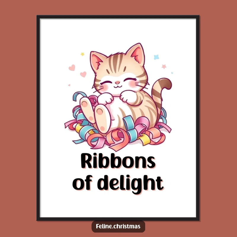 Funny Kawaii Striped Cat Ribbon Digital Art: Instant Hilarious Festive Decor!