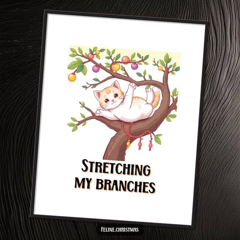 Funny cat in a graceful stretch on a festive, ornament-covered tree branch, available as a charming holiday digital art print.