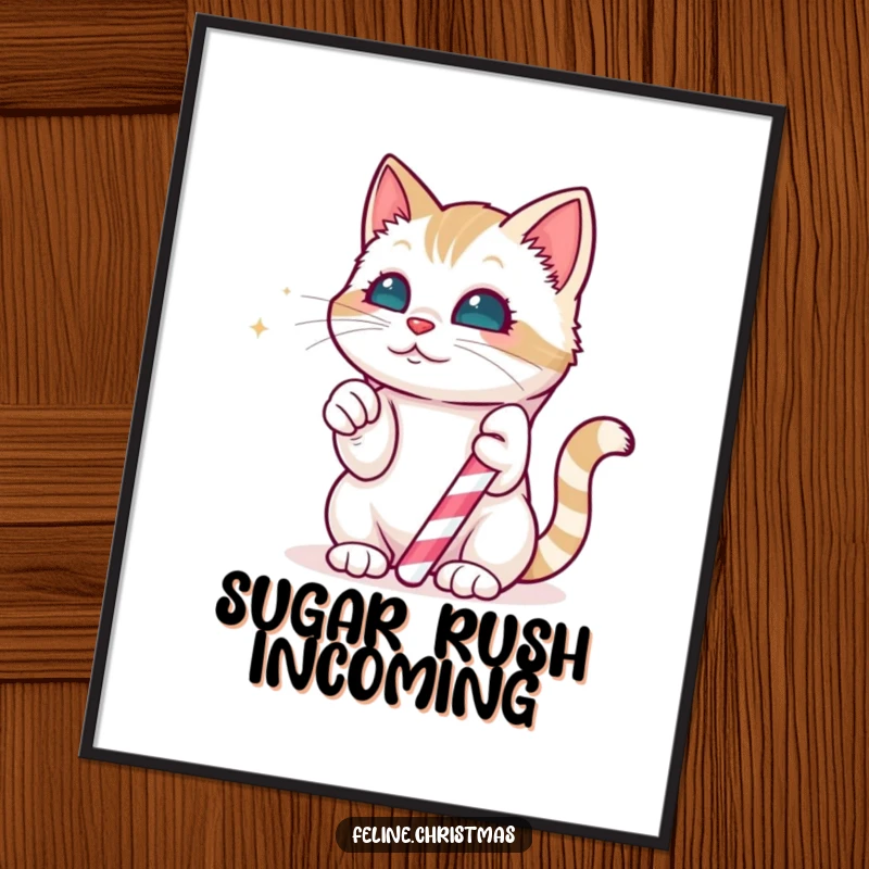 Funny Digital Art Print: Kawaii cat playfully batting at a magical, edible candy cane, embodying sweet holiday fun.