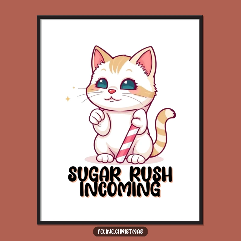 Funny Kawaii Cat Candy Cane Digital Print: Sweet Holiday Art, Perfect Funny Art Gift!