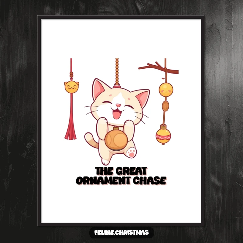 Funny Christmas digital art print of a cat gleefully pouncing on a dangling ornament, instant downloadable festive and humorous decor.