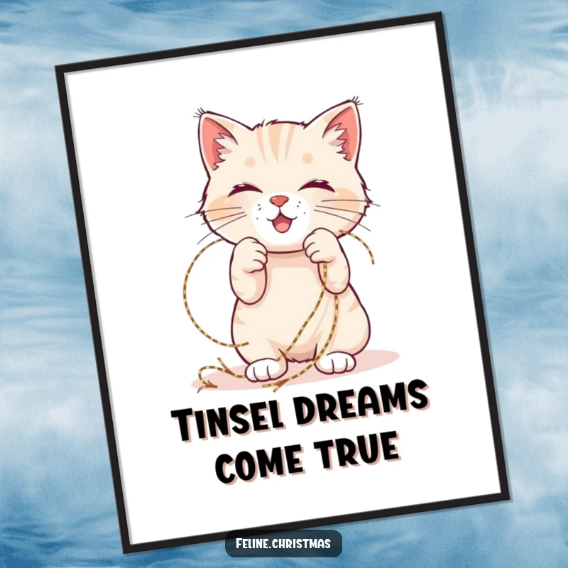 Funny Christmas digital art print of a happy cat playfully tangled in shimmering tinsel, embodying festive joy.