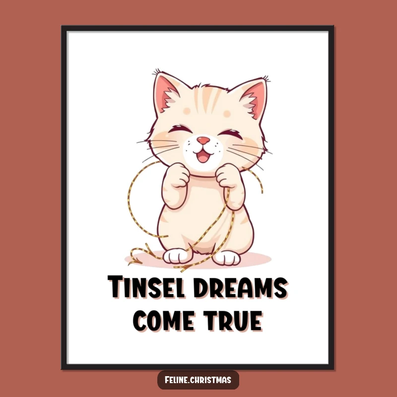Funny Cat Tinsel Digital Art: Playful feline tangled, instant hilarious holiday decor.