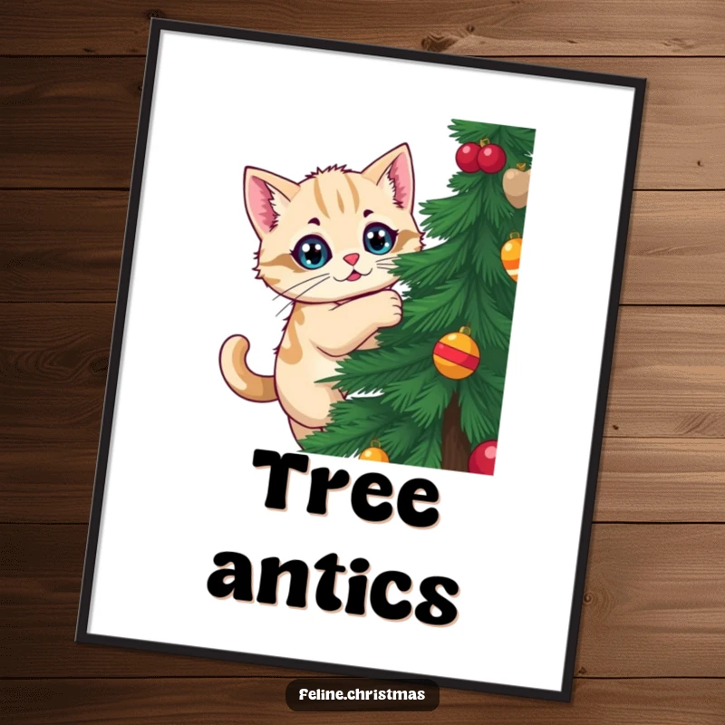 Funny Kawaii Cat Digital Art Print: A cat climbs a Christmas tree, capturing funny holiday mischief for instant decor.