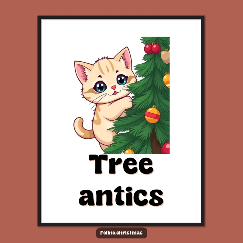 Funny Climbing Cat Christmas Digital Print: Tree Climber Art, Gift