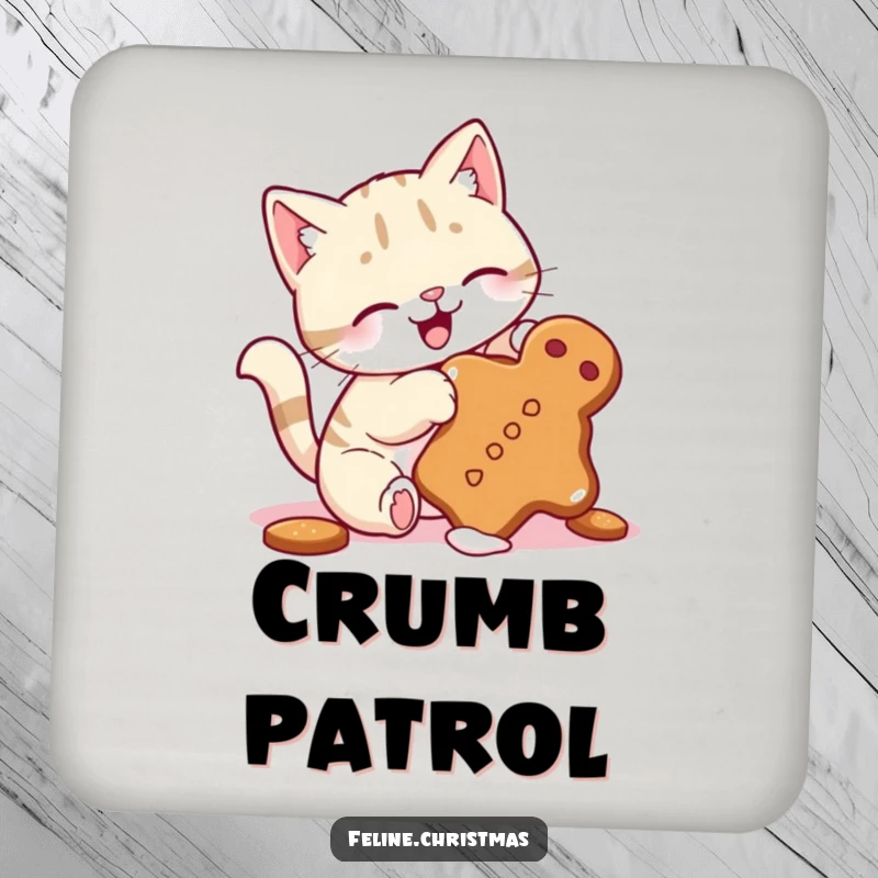 Funny coaster with a cute cat, wagging tail, playfully batting at a tumbling gingerbread cookie, protecting surfaces humorously.