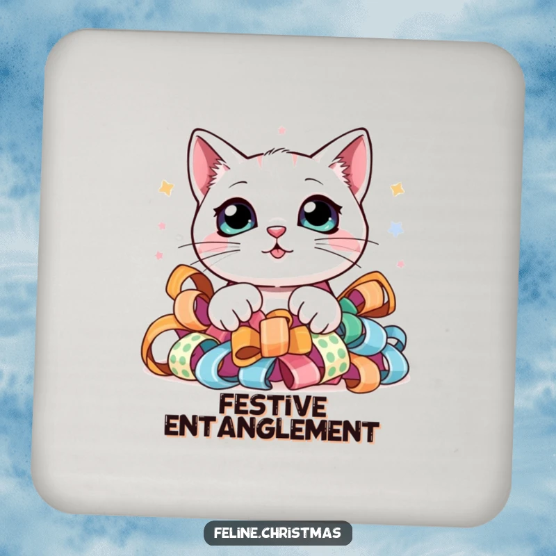 Funny coaster featuring a kawaii cat with big, curious eyes, peeking from festive ribbon, protecting your surfaces with cuteness.