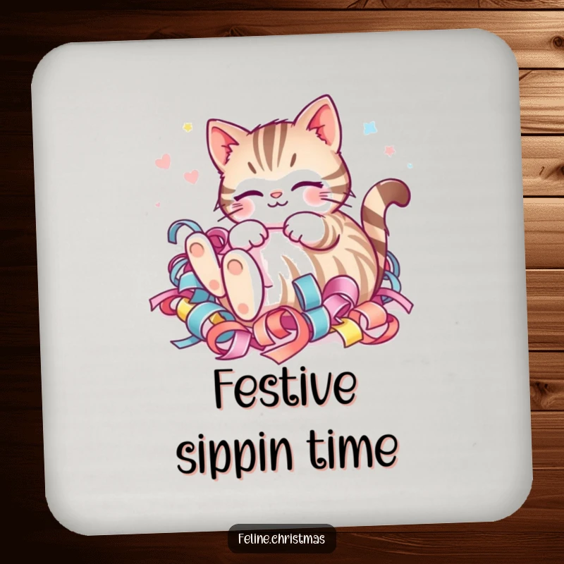 Funny Kawaii Striped Cat Ribbon Coasters: A happy cat joyfully rolling in festive ribbon, guarding drinks with holiday charm.