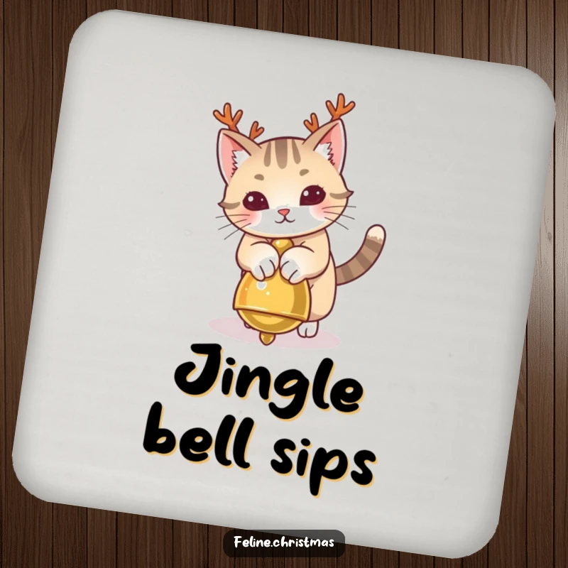 Funny Cat Antlers Coaster featuring a playful cat with antlers pouncing on a jingle bell, humorous table protection.