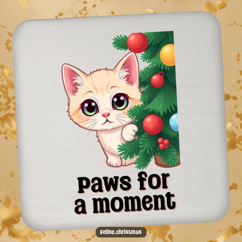 Funny Christmas coasters with a wide-eyed cat peeking from a decorated tree, adding festive humor to drink protection.