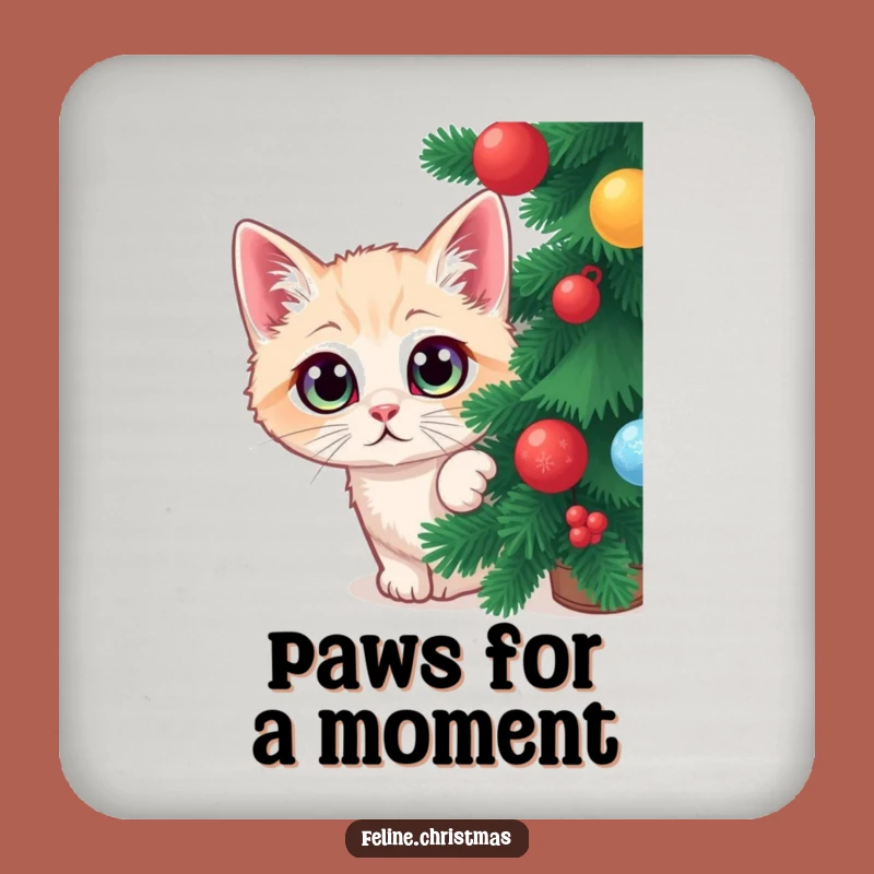 Funny Cat Christmas Coasters: Wide-eyed kitty hiding, protecting surfaces with humor.