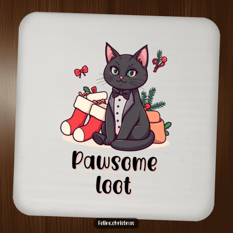 Funny drink coaster with a regal tuxedo cat guarding a pile of holiday stockings, adding a touch of humorous decor.