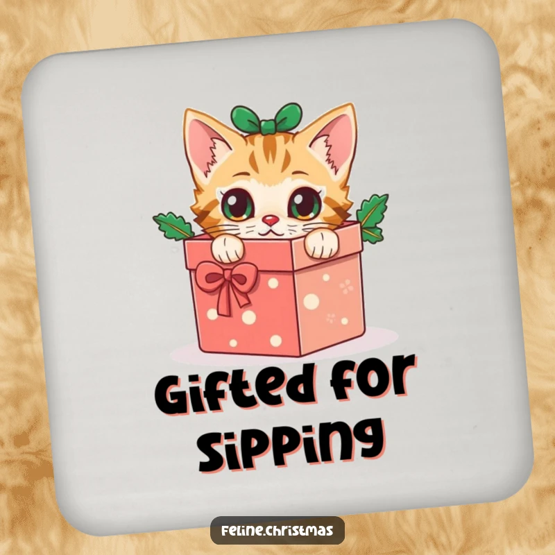 Funny cat coaster: small protective disk with a curious kitten peeking from a festive Christmas gift box, perfect for holidays.