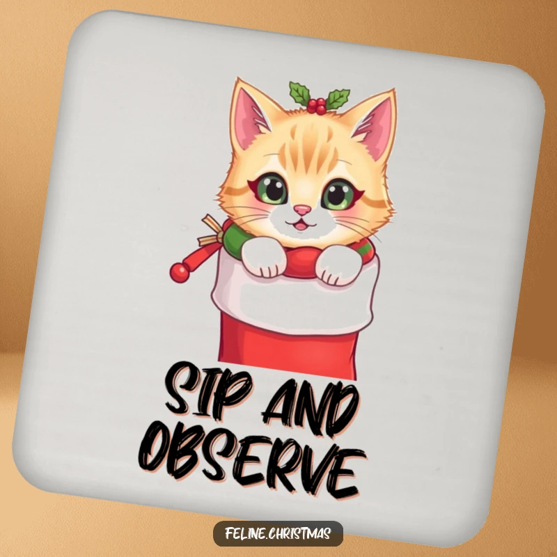 Funny Christmas coaster with a cat wearing a festive collar peeking from a stocking, protects surfaces with festive and humorous style.