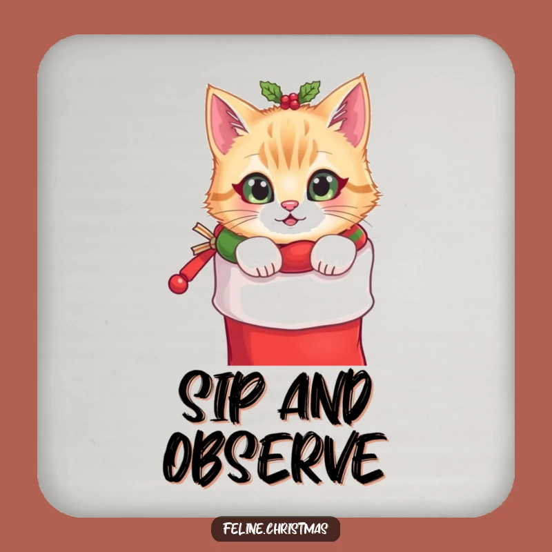 Funny Cat Stocking Coaster: Festive Peek, Holiday Table Protection, Hilarious Gift