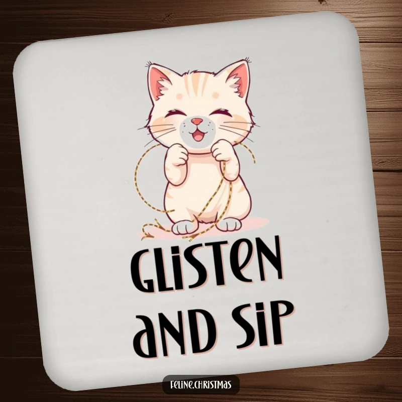 Funny Christmas coasters showing a happy cat playfully entangled in shimmering tinsel, adding festive humor to drink protection.