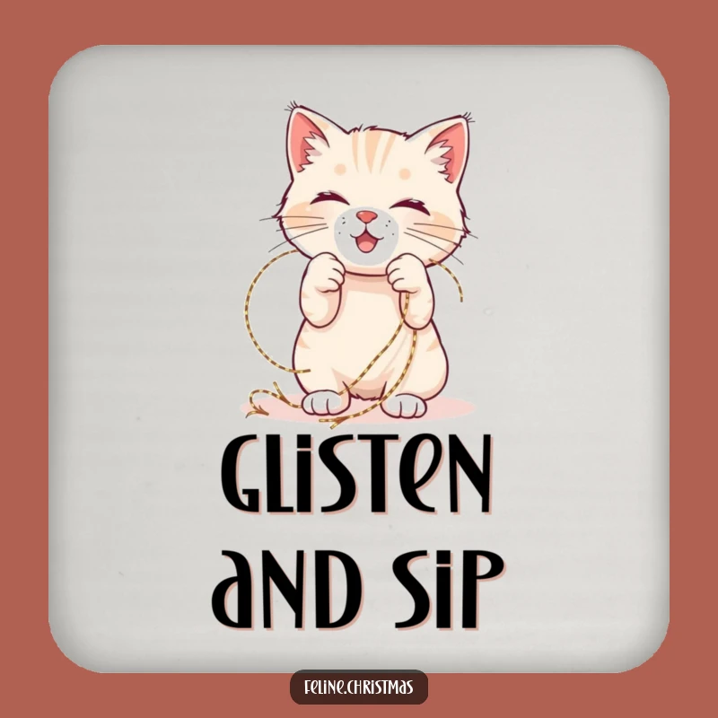 Funny Cat Tinsel Coasters: Playful kitty tangled, protecting surfaces with humor.