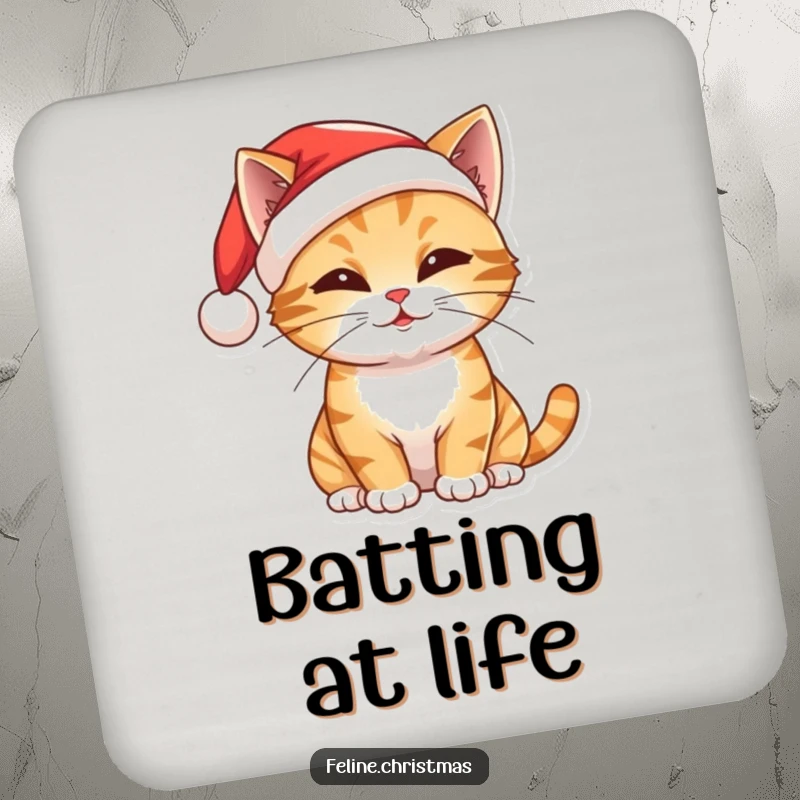 Funny Christmas coaster with a cat in a Santa hat, batting playfully, protects surfaces with festive and humorous style.