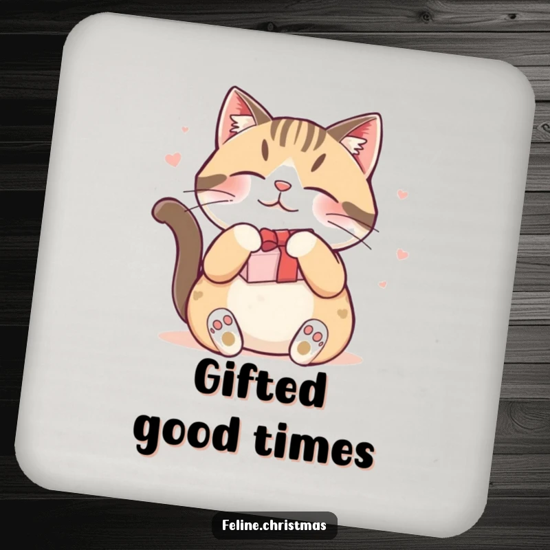 Funny drink coasters with a happy cat rubbing against a festive gift, adding humorous holiday protection to surfaces.