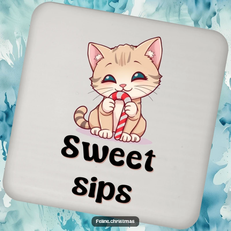 Funny coaster with a smiling cat curiously sniffing a candy cane, adding sweet holiday charm.