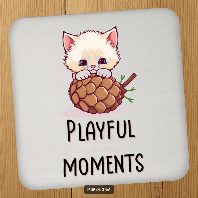 Funny fluffy kitten pouncing on a rolling pinecone, a humorous coaster for playful decor.