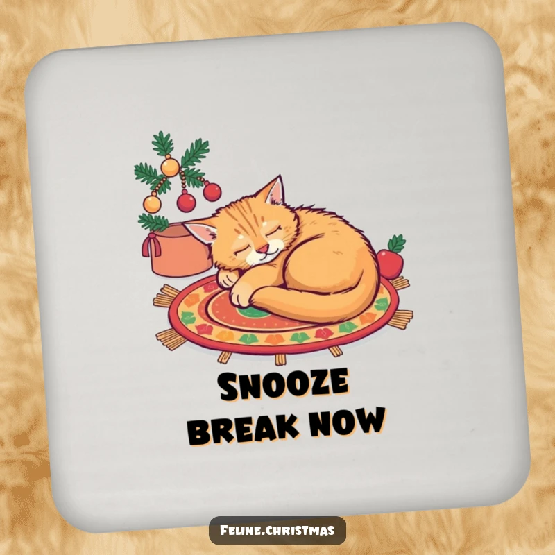 Funny ginger cat asleep on a festive rug, a humorous coaster for peaceful decor.