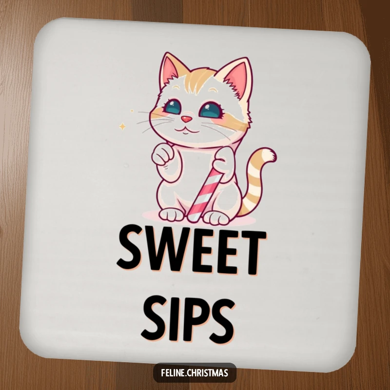 Funny Coaster: Kawaii cat playfully batting at a magical, edible candy cane, protecting surfaces with sweet holiday humor.
