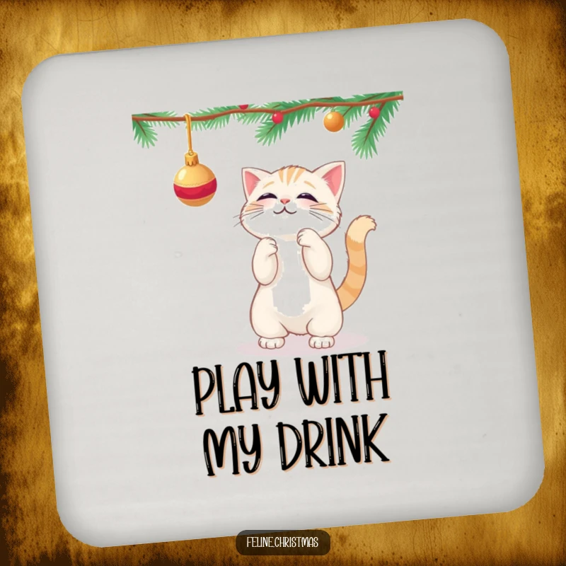 Funny kawaii cat playfully batting at a dangling Christmas ornament, on protective drink coasters.