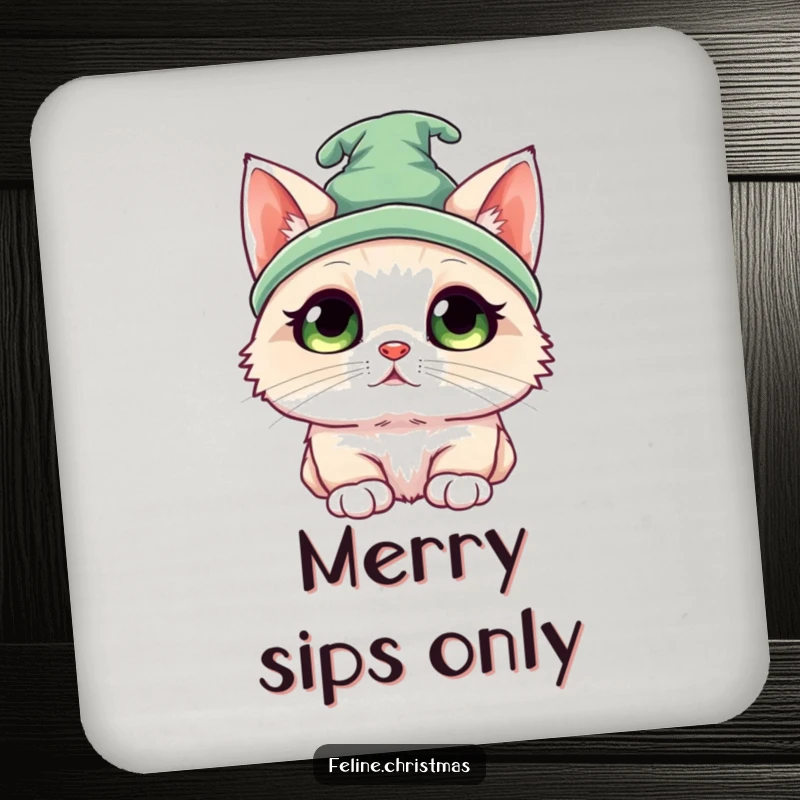 Funny Kawaii Ragdoll Elf Cat Coasters: A cute cat in an elf hat looking up innocently, guarding drinks with holiday charm.
