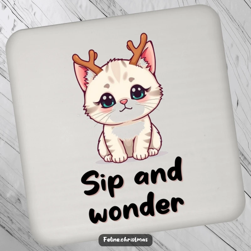 Funny kawaii cat wearing tiny reindeer antlers with a curious expression, on protective drink coasters.