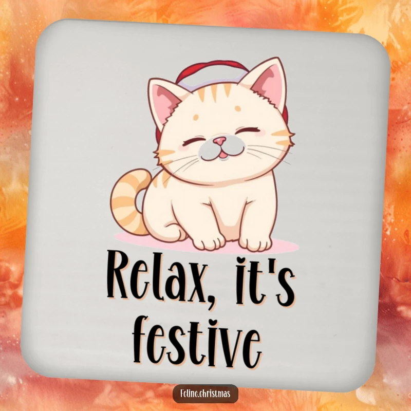 Funny Cat Coaster: A cat in a Santa hat stretches with a lazy smile, adding holiday cheer and feline charm to any surface.
