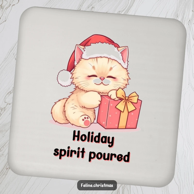 Funny Persian cat Santa drink coaster, a cute cat kneading a gift, adding festive and protective charm to tabletops.