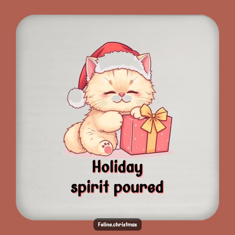 Funny Persian Cat Santa Drink Coaster: Cute Kitty Kneading Present, Festive Protection