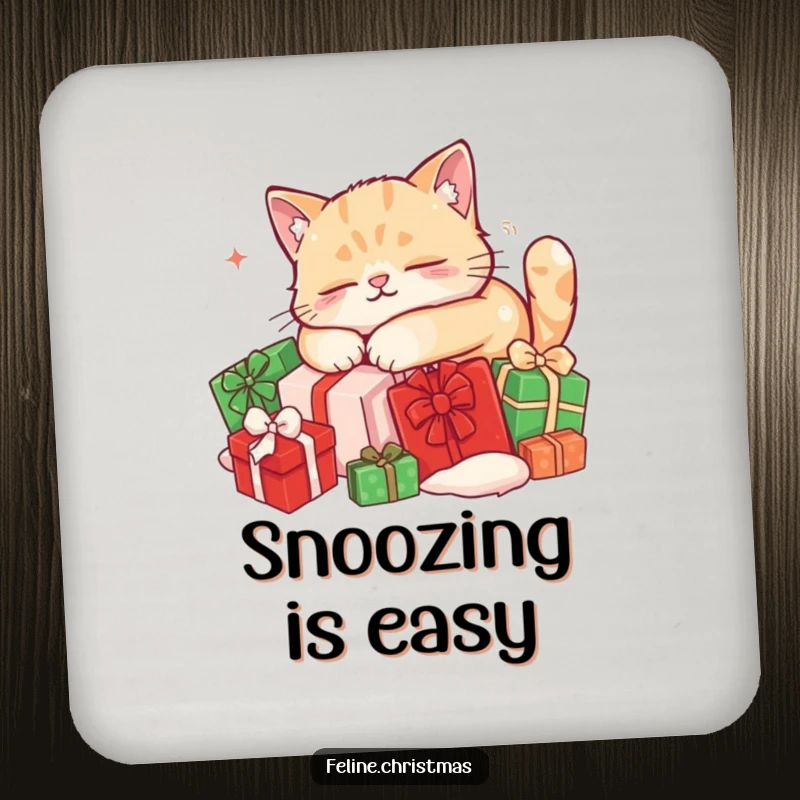 Funny cat coaster: small protective disk featuring a content cat napping on red and green Christmas presents, symbolizing holiday peace.