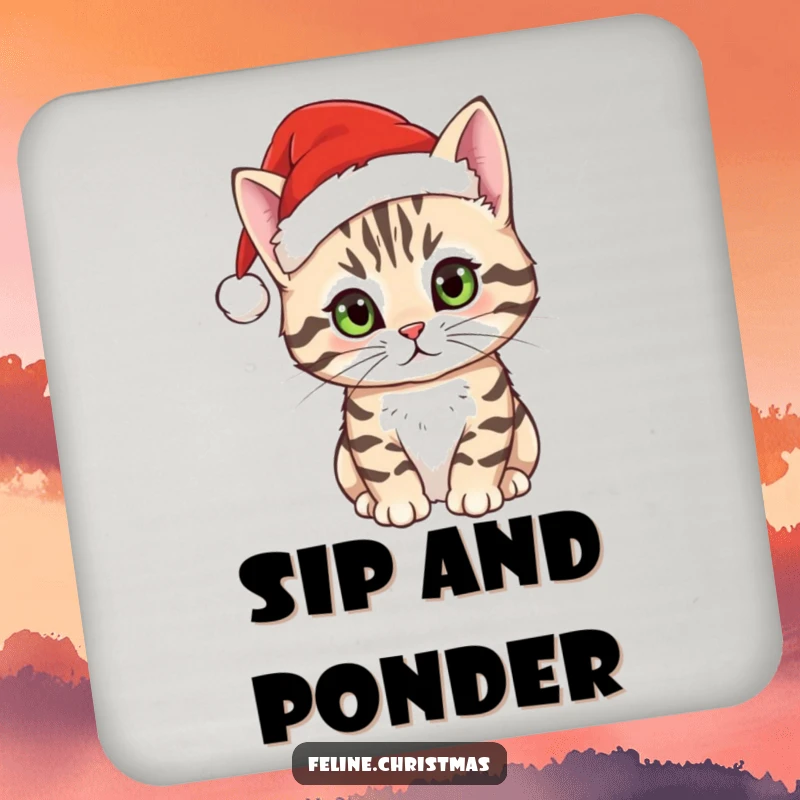 Funny tabby cat coaster featuring a curious cat in a Santa hat, protecting surfaces with holiday humor.