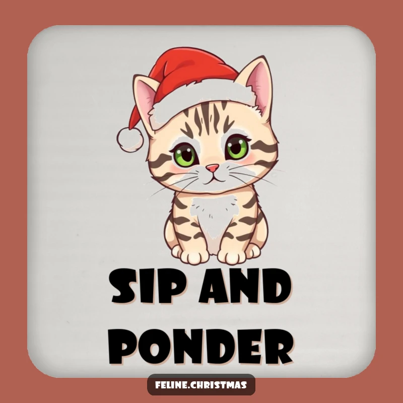Funny Tabby Cat Santa Hat Coaster - Curious Holiday Drink Protector