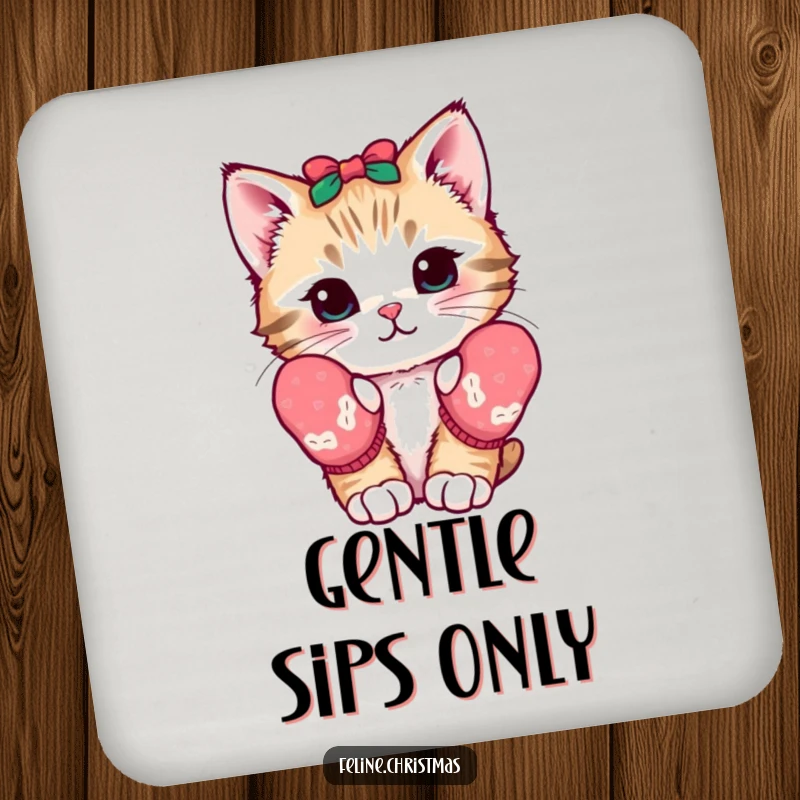 Funny kawaii coaster with a kitten in festive mittens, looking curious, protects surfaces with cute and charming style.