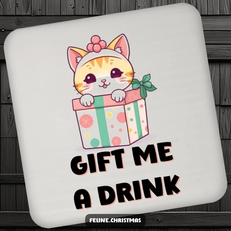 Funny kawaii cat peeking out from a decorated gift box, on protective drink coasters.