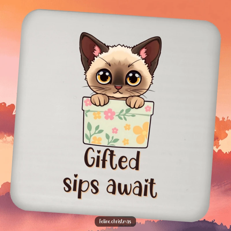 Funny coaster with a Siamese cat peeking out of a decorated gift box with wide eyes, adding holiday charm.