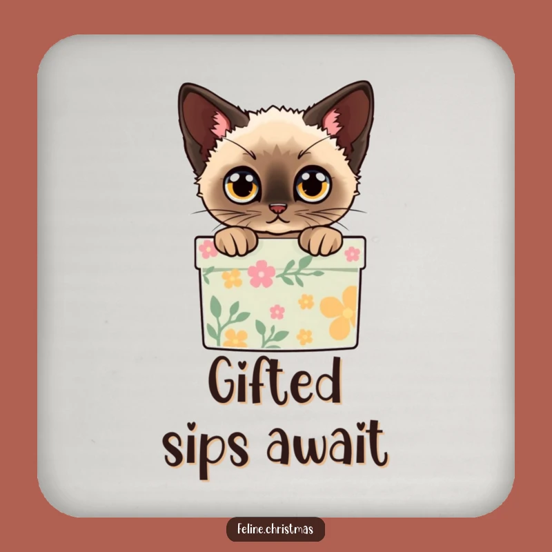 Funny Siamese Cat Gift Box Coaster - Feline Holiday Table Protector Gift