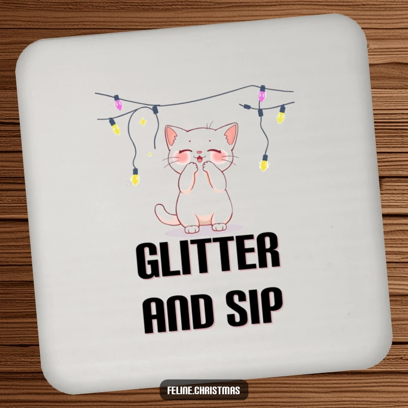 Funny white cat batting at a dangling string of lights, a humorous coaster for festive decor.