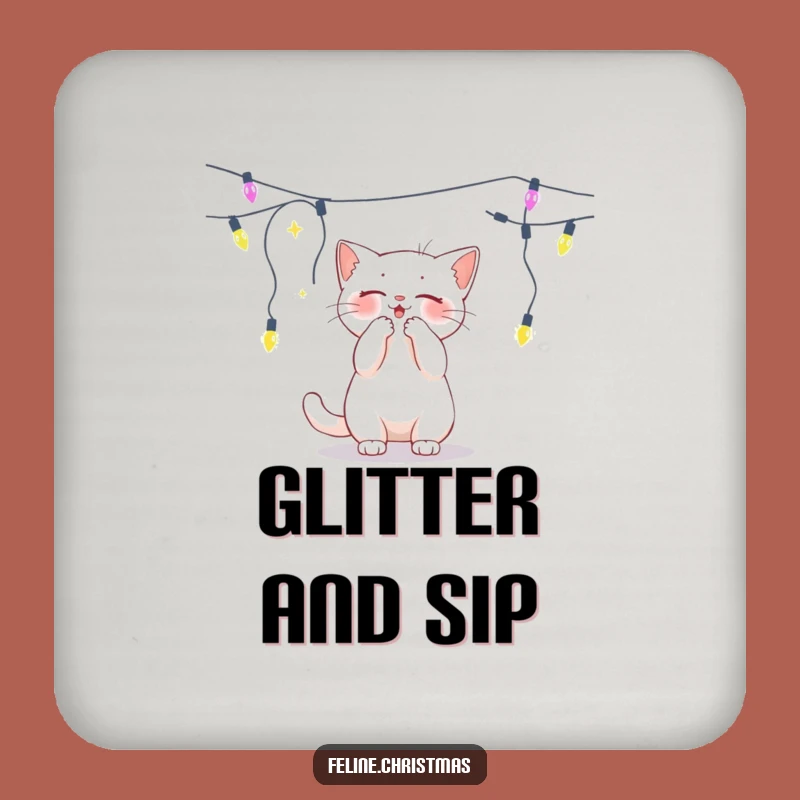 Funny White Cat Lights Coaster - Protect Surfaces with Festive Fun